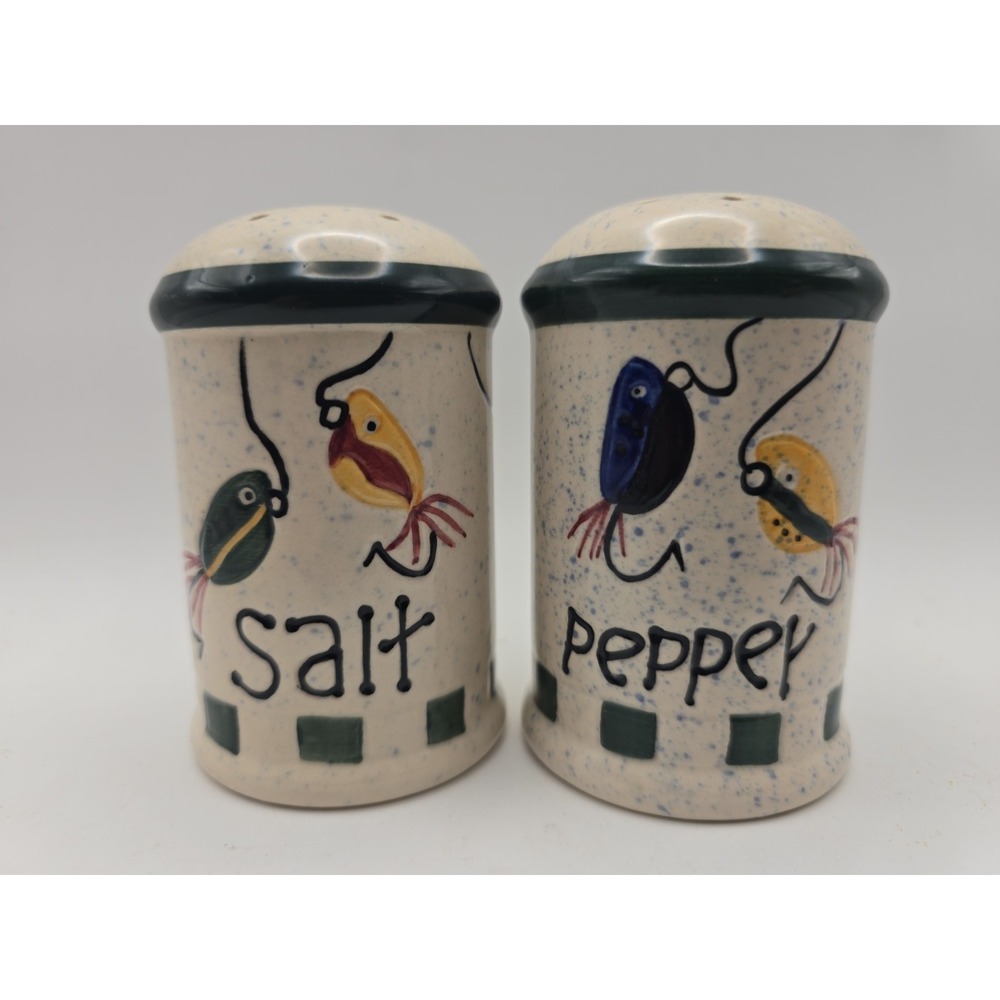 Vintage Fishing Lure Salt & Pepper Shakers Set Ceramic Nautical Lodge Decor  EUC